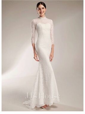 JJs House Ivory Lace Mermaid Gown with High Illusion Neck